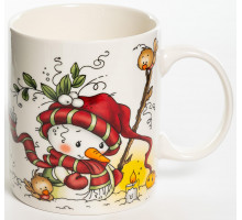 СНЕГОВИК, кружка 350мл, красная шапка, NEW BONE CHINA, упаковка - гофрокороб