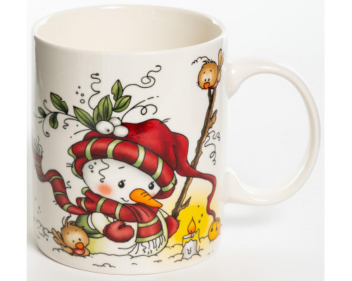 СНЕГОВИК, кружка 350мл, красная шапка, NEW BONE CHINA, упаковка - гофрокороб