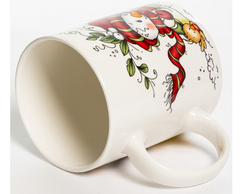 СНЕГОВИК, кружка 350мл, красная шапка, NEW BONE CHINA, упаковка - гофрокороб