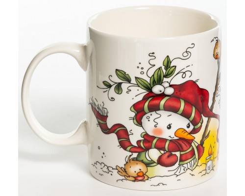 СНЕГОВИК, кружка 350мл, красная шапка, NEW BONE CHINA, упаковка - гофрокороб