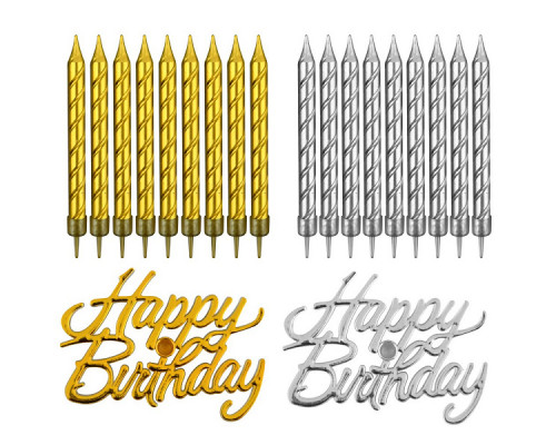 Свечи для торта "Happy Birthday". Набор 10 шт + топпер. Длина 8 см. 2 цв. NEW