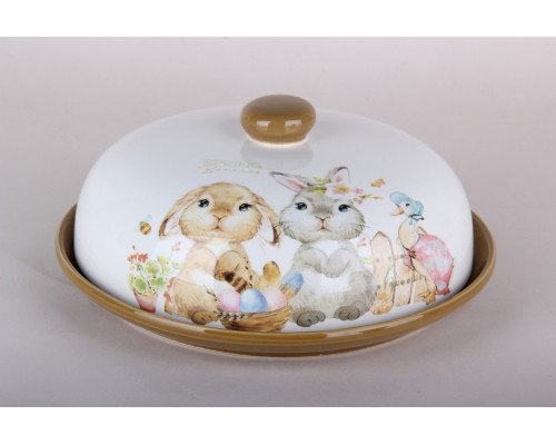 Блюдо д/блинов с крышкой Коралл Spring rabbits HC604R-E02 23см  п/уп керамика