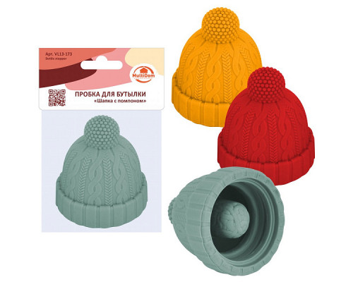 Пробка для бутылки "Шапка с помпоном". Размер 5х6х5 см. 3 цв. NEW