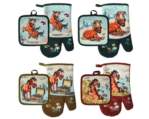 Прихватка с рукавицей "Савраска". Набор из 2-х предметов. Размер: прихватка 17х17 см, рукавица 17х27 см. 4 диз. NEW