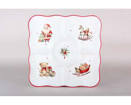 Менажница 5-ти секционная 30см Коралл Новогоднее настроение LH9847-30-JO43-H1575 ф.квадрат п/у фарфор